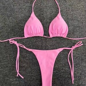 Pink thong  halter bikini with tie bottoms